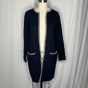 M Magaschoni Navy Open Front Duster Cardigan White Blanket Stitching